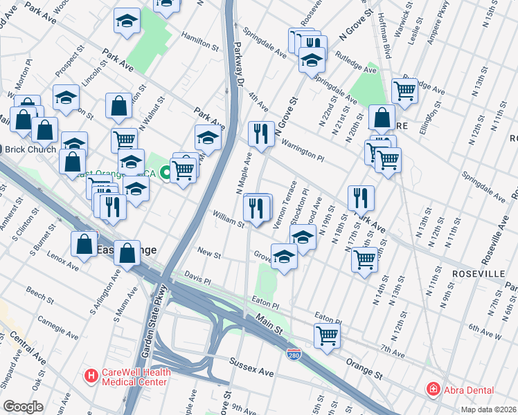 map of restaurants, bars, coffee shops, grocery stores, and more near in East Orange