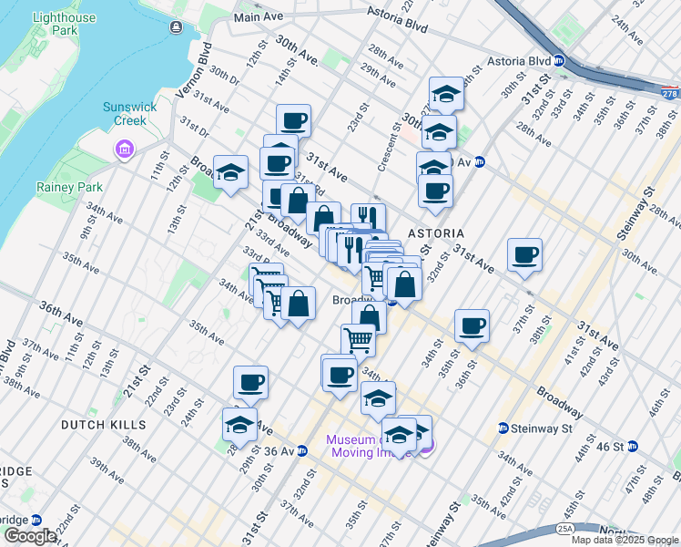 map of restaurants, bars, coffee shops, grocery stores, and more near 25-18 Broadway in Queens