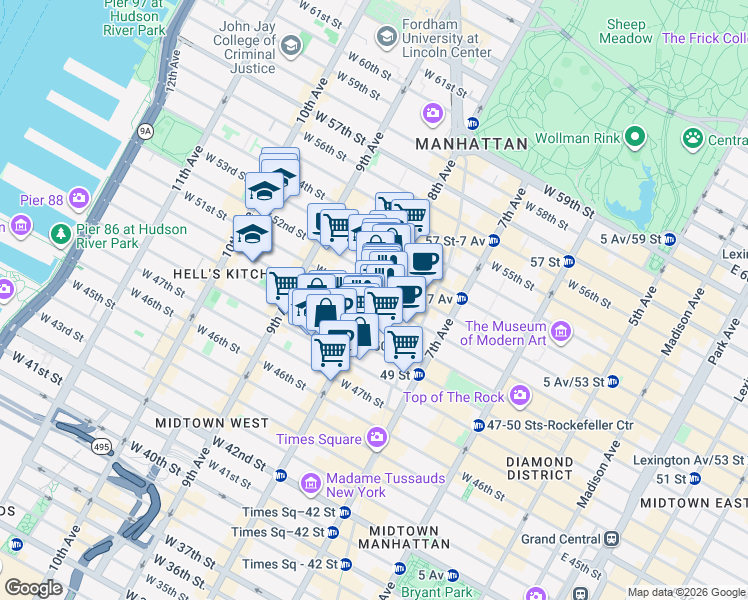 map of restaurants, bars, coffee shops, grocery stores, and more near 8th Ave & W 51st St in New York