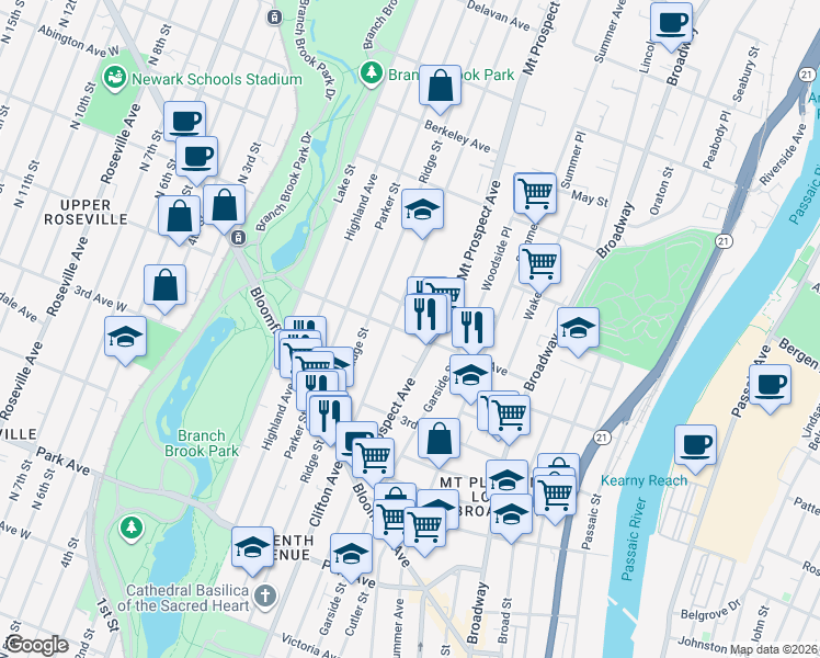 map of restaurants, bars, coffee shops, grocery stores, and more near 363 Clifton Avenue in Newark