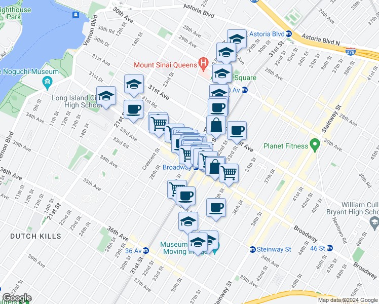 map of restaurants, bars, coffee shops, grocery stores, and more near 31-76 30th Street in Queens