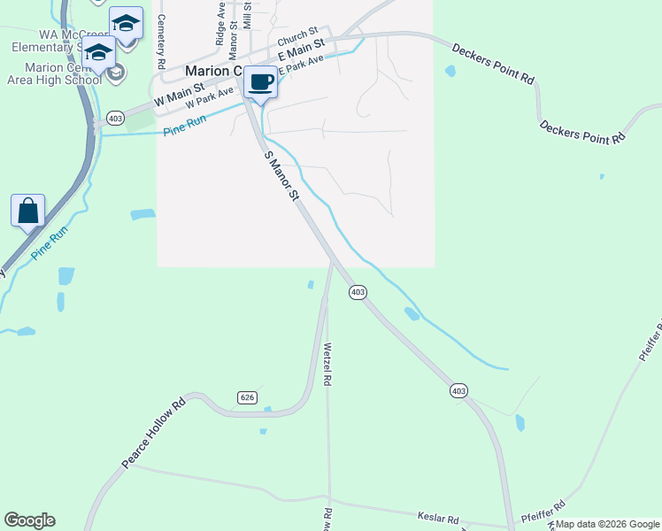 map of restaurants, bars, coffee shops, grocery stores, and more near 4289 Pearce Hollow Road in Marion Center