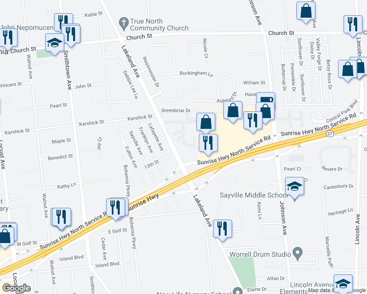 map of restaurants, bars, coffee shops, grocery stores, and more near 70 Middleton Road in Bohemia