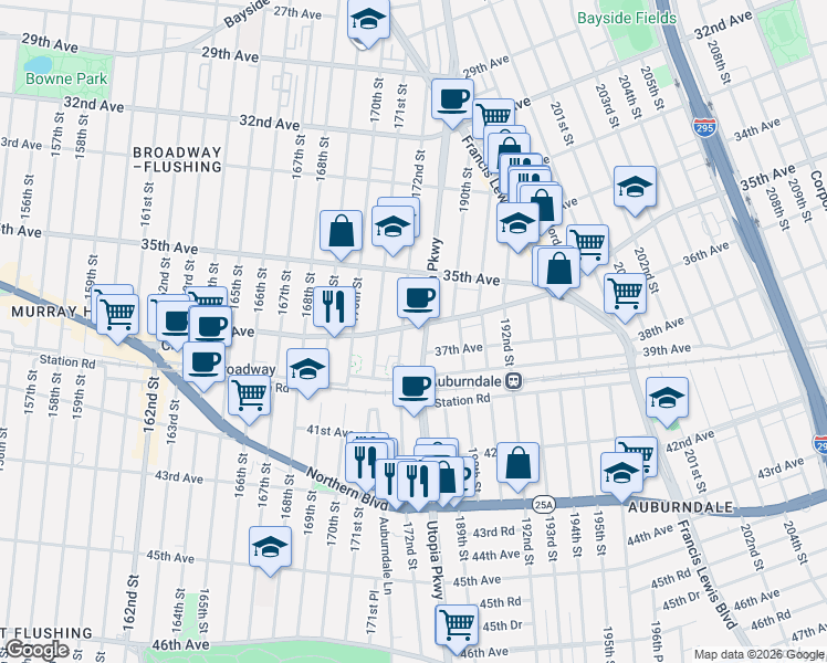 map of restaurants, bars, coffee shops, grocery stores, and more near 36-17 172nd Street in Queens