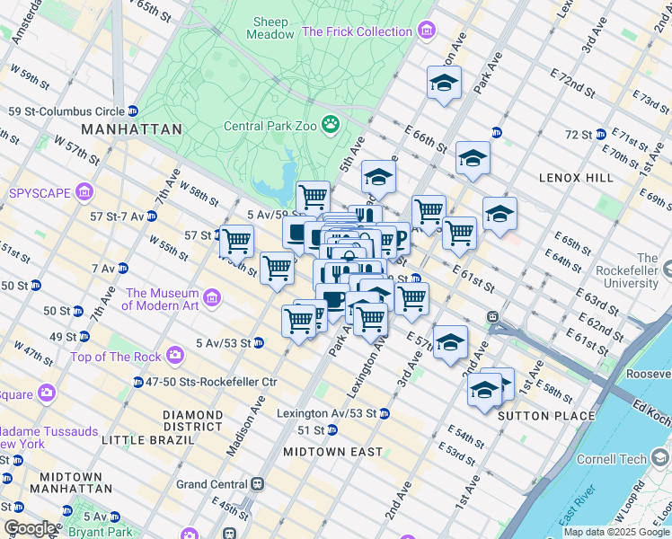 map of restaurants, bars, coffee shops, grocery stores, and more near 33 East 58th Street in New York