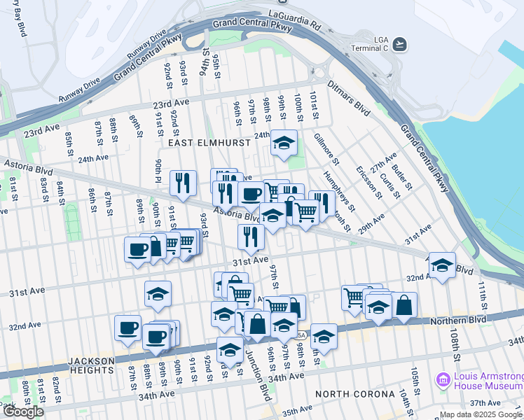 map of restaurants, bars, coffee shops, grocery stores, and more near 97-09 Astoria Boulevard in Queens