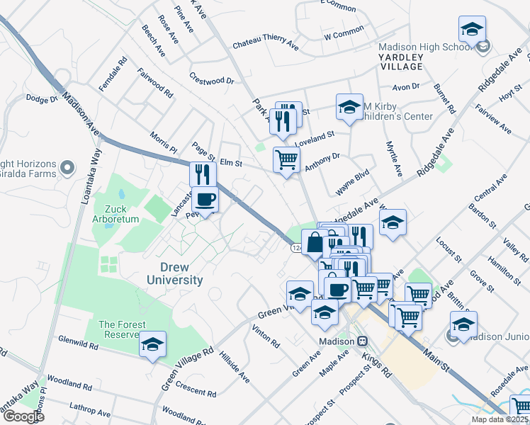 map of restaurants, bars, coffee shops, grocery stores, and more near 17-33 Madison Avenue in Madison