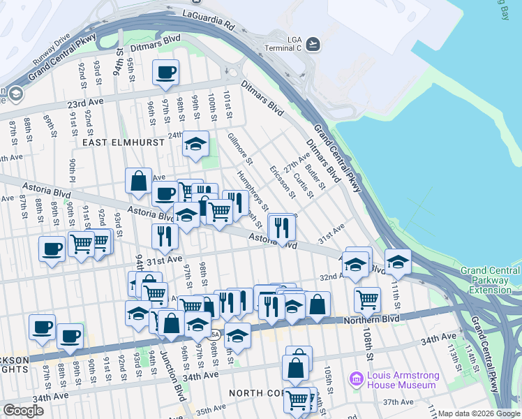 map of restaurants, bars, coffee shops, grocery stores, and more near 2735 McIntosh Street in Queens