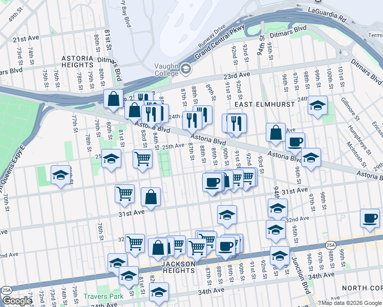 map of restaurants, bars, coffee shops, grocery stores, and more near 25-35 86th Street in Queens