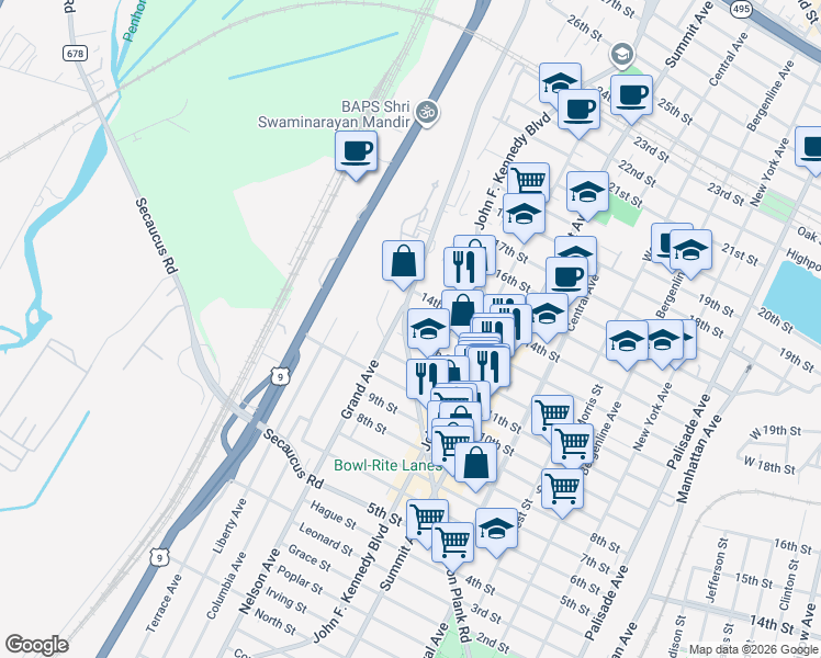 map of restaurants, bars, coffee shops, grocery stores, and more near 1302 12th Street in North Bergen