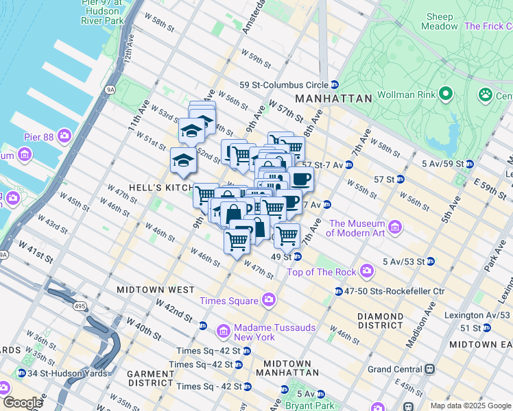 map of restaurants, bars, coffee shops, grocery stores, and more near 302 West 51st Street in New York