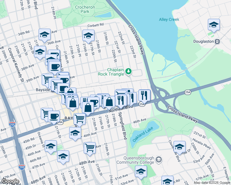 map of restaurants, bars, coffee shops, grocery stores, and more near 218-03 43rd Avenue in Queens