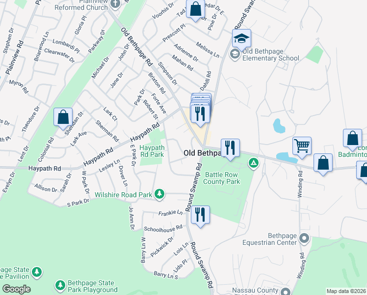 map of restaurants, bars, coffee shops, grocery stores, and more near 14 Vanderbilt Lane in Old Bethpage