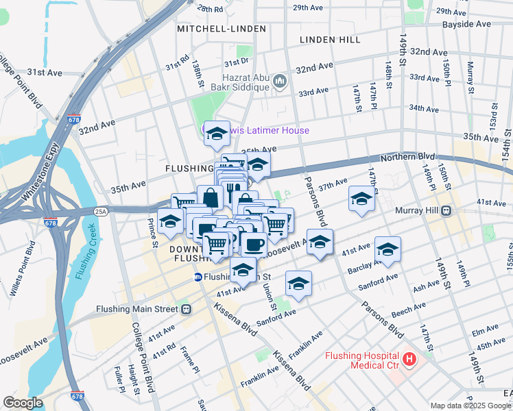 map of restaurants, bars, coffee shops, grocery stores, and more near 37-05 Union Street in Queens