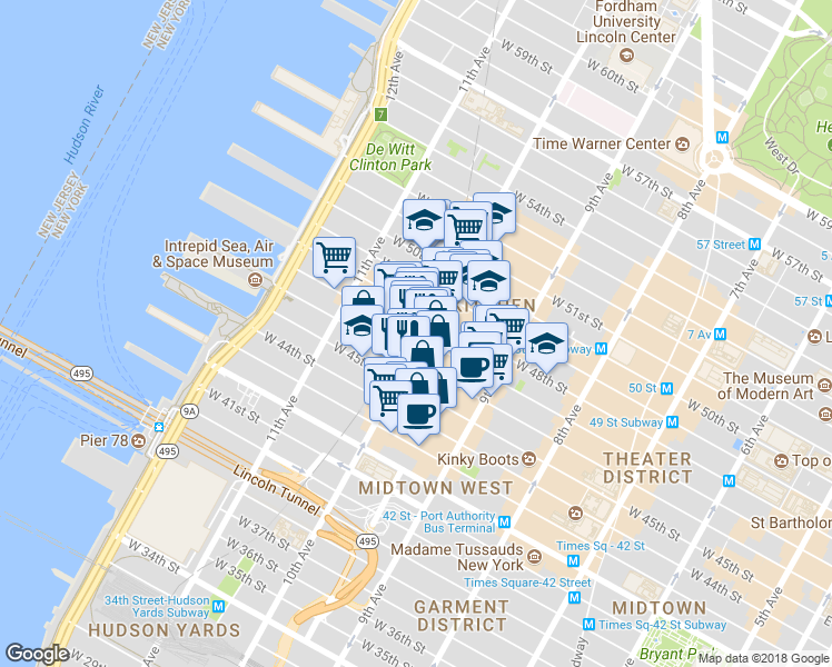 map of restaurants, bars, coffee shops, grocery stores, and more near 456 West 47th Street in New York