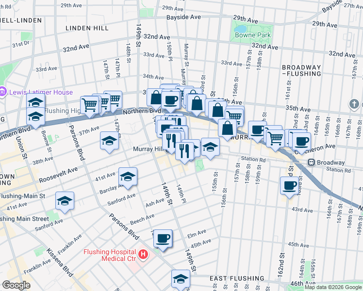 map of restaurants, bars, coffee shops, grocery stores, and more near 41-13 150th Street in Queens