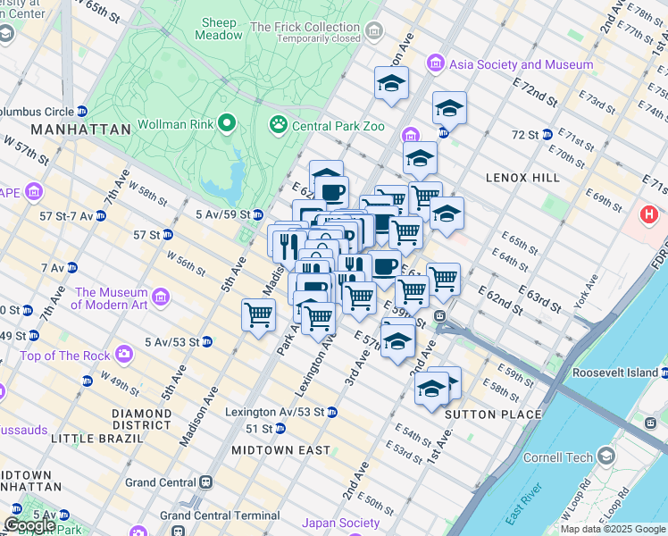 map of restaurants, bars, coffee shops, grocery stores, and more near 505 Park Avenue in New York