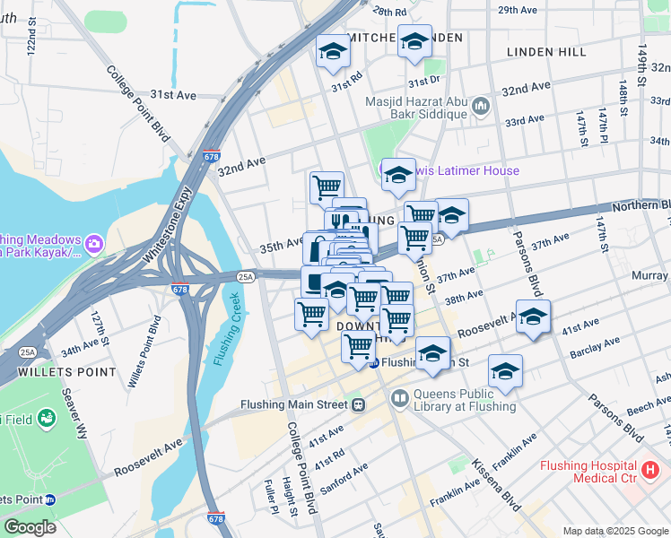 map of restaurants, bars, coffee shops, grocery stores, and more near Main Street in Queens