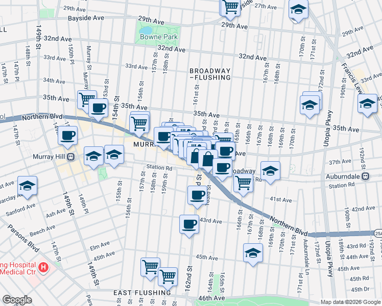 map of restaurants, bars, coffee shops, grocery stores, and more near 160-38 Northern Boulevard in Queens