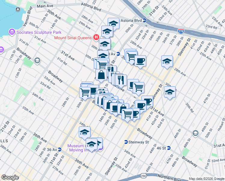 map of restaurants, bars, coffee shops, grocery stores, and more near 31-23 34th Street in Queens
