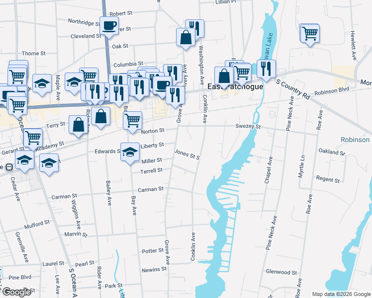 map of restaurants, bars, coffee shops, grocery stores, and more near 10 Jones Street South in Patchogue