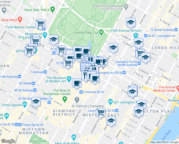 map of restaurants, bars, coffee shops, grocery stores, and more near 5th Ave & E 57th St in New York