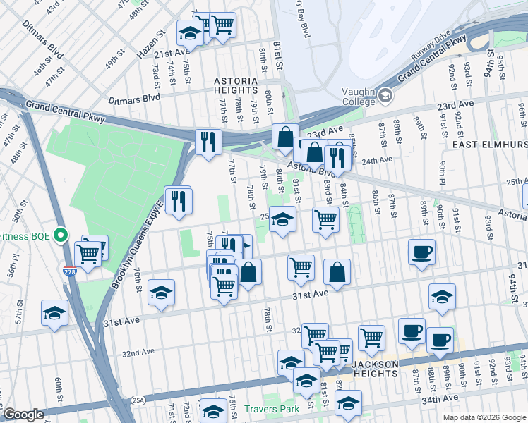 map of restaurants, bars, coffee shops, grocery stores, and more near 78-02 25th Avenue in Queens