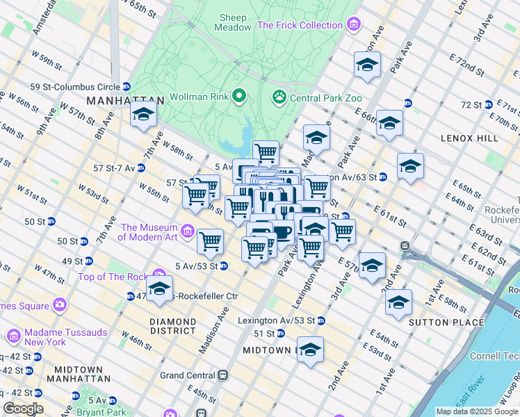 map of restaurants, bars, coffee shops, grocery stores, and more near 592 Madison Avenue in New York