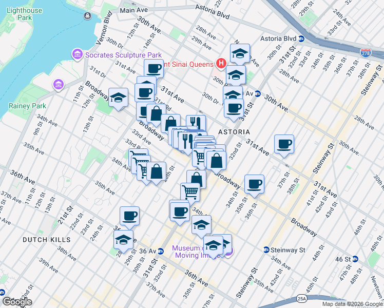 map of restaurants, bars, coffee shops, grocery stores, and more near 31-90 29th Street in Queens
