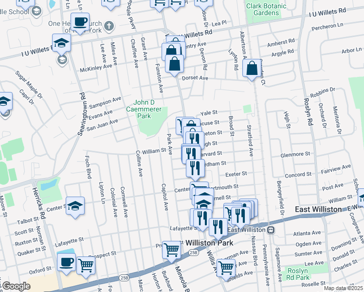 map of restaurants, bars, coffee shops, grocery stores, and more near 12 William Street in Williston Park