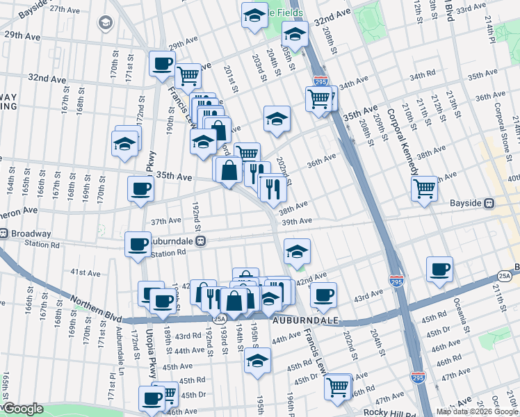 map of restaurants, bars, coffee shops, grocery stores, and more near 195-21 39th Avenue in Queens