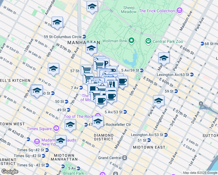 map of restaurants, bars, coffee shops, grocery stores, and more near 1361 6th Avenue in New York
