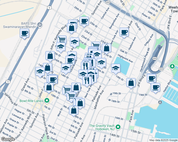 map of restaurants, bars, coffee shops, grocery stores, and more near Bergenline Ave & 17th St in Union City