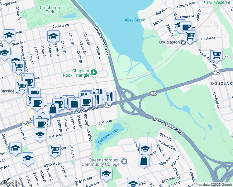 map of restaurants, bars, coffee shops, grocery stores, and more near 43-07 223rd Street in Queens