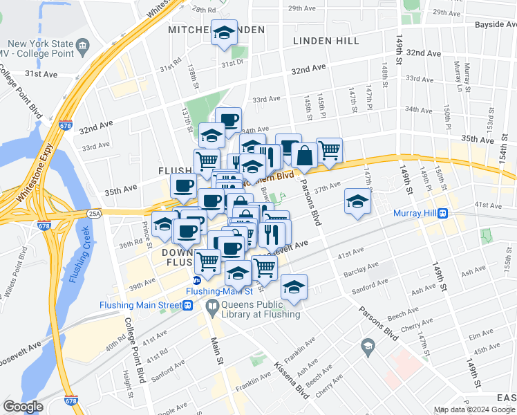 map of restaurants, bars, coffee shops, grocery stores, and more near 36-40 Bowne Street in Queens