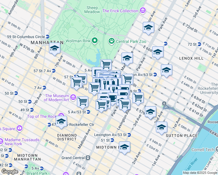 map of restaurants, bars, coffee shops, grocery stores, and more near 600 Madison Avenue in New York
