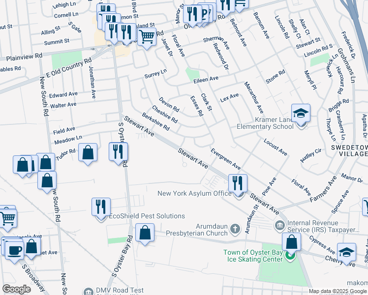 map of restaurants, bars, coffee shops, grocery stores, and more near 1150 Stewart Avenue in Bethpage