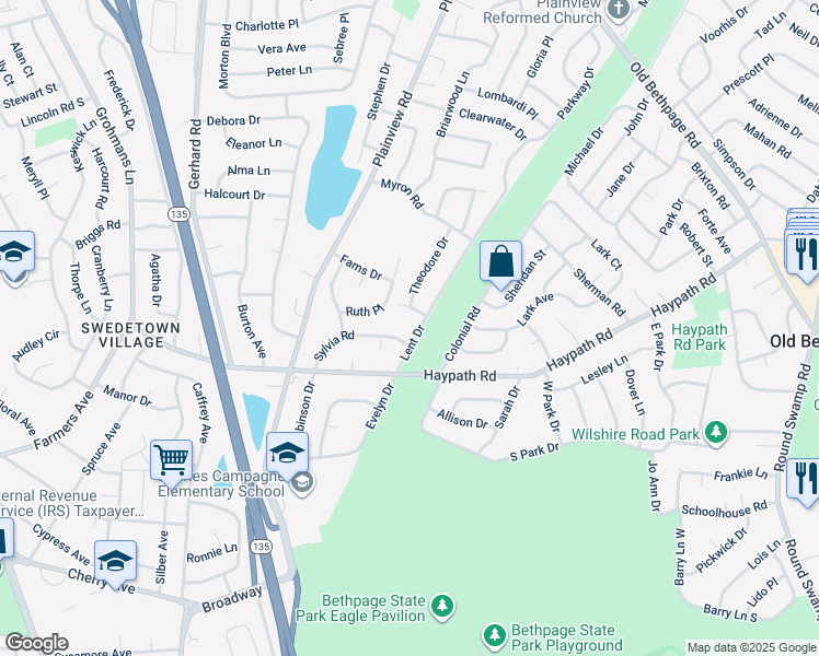 map of restaurants, bars, coffee shops, grocery stores, and more near 17 Lent Drive in Plainview