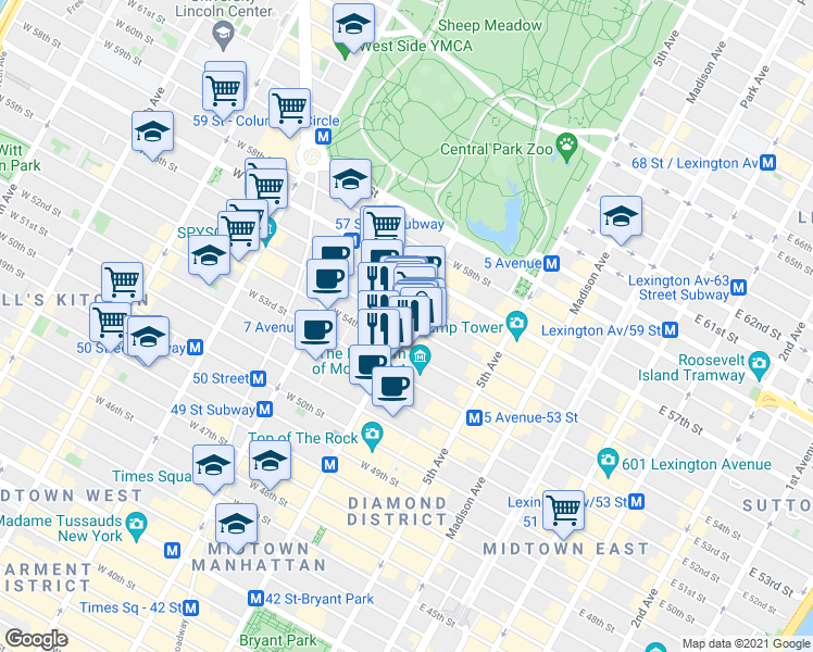 map of restaurants, bars, coffee shops, grocery stores, and more near 1358 6th Avenue in New York