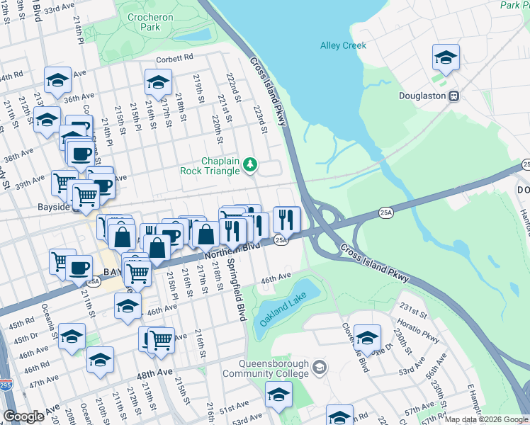 map of restaurants, bars, coffee shops, grocery stores, and more near 43-11 220th Place in Queens