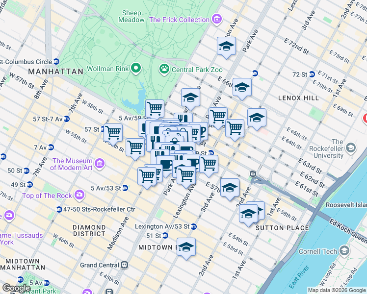 map of restaurants, bars, coffee shops, grocery stores, and more near 500 Park Avenue in New York