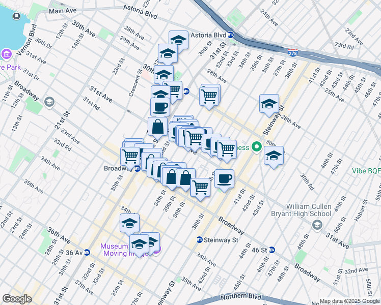 map of restaurants, bars, coffee shops, grocery stores, and more near 34-04 31st Avenue in Queens