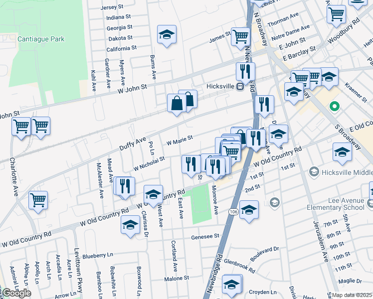 map of restaurants, bars, coffee shops, grocery stores, and more near 275 West Nicholai Street in Hicksville