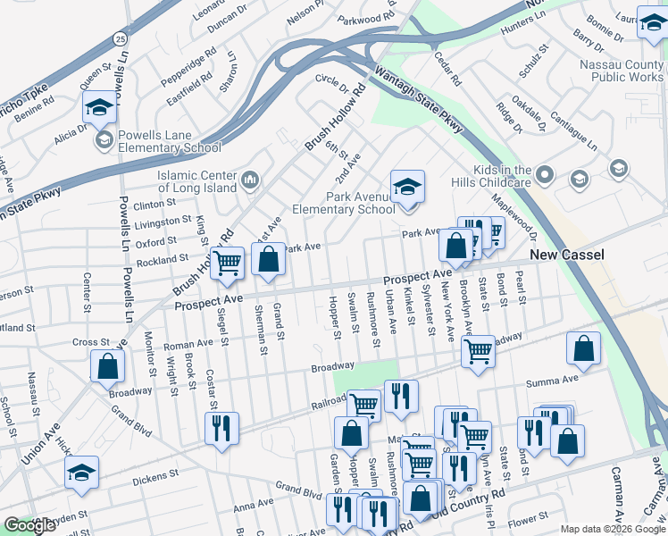 map of restaurants, bars, coffee shops, grocery stores, and more near 893 Prospect Avenue in Westbury