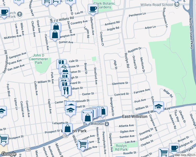 map of restaurants, bars, coffee shops, grocery stores, and more near 147 Stratford Avenue in Williston Park