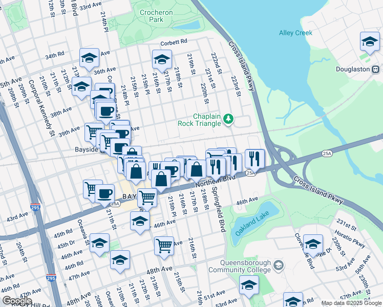 map of restaurants, bars, coffee shops, grocery stores, and more near 218-03 43rd Avenue in Queens