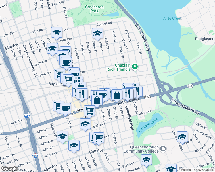 map of restaurants, bars, coffee shops, grocery stores, and more near 216-17 43rd Avenue in Queens