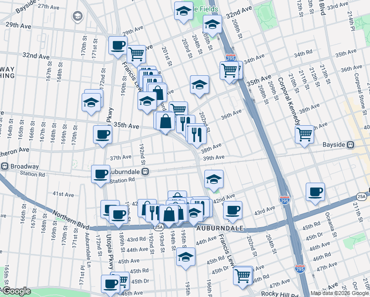map of restaurants, bars, coffee shops, grocery stores, and more near 195-21 39th Avenue in Queens