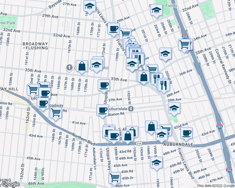 map of restaurants, bars, coffee shops, grocery stores, and more near 191-15 37th Avenue in Queens