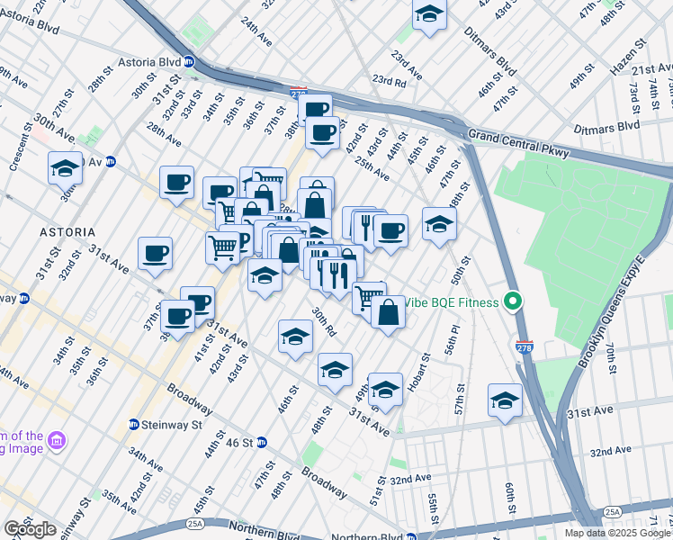 map of restaurants, bars, coffee shops, grocery stores, and more near 28-50 45th Street in Queens